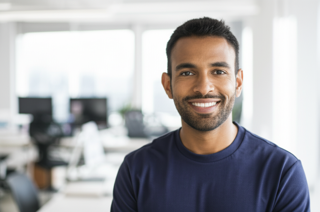 A confident, professional startup founder